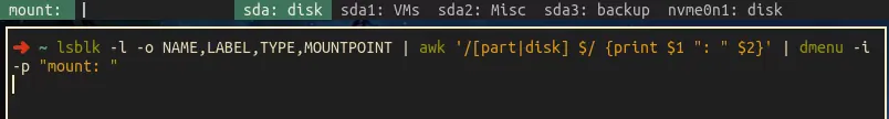 lsblk, awk, and dmenu